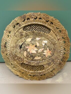 Vintage Indian Soapstone Inlay Plate 7.75" Reticulated Jaali Floral Art
